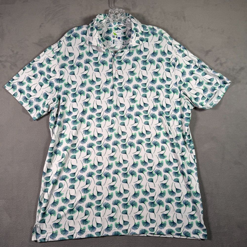 TailorByrd Polo Shirt Mens L White Blue All Over Print Performance UPF Golf